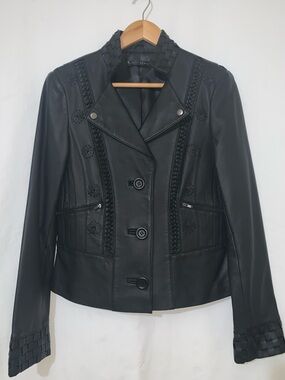 Sheri Bodell 100% Lamb Leather Embroidered Coat Jacket Woven Trim Women’s S